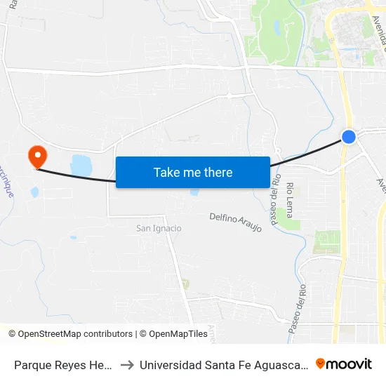 Parque Reyes Heroles to Universidad Santa Fe Aguascalientes map