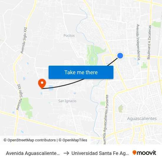 Avenida Aguascalientes Norte, 309 to Universidad Santa Fe Aguascalientes map