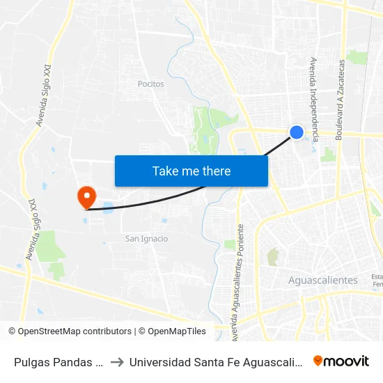 Pulgas Pandas Sur to Universidad Santa Fe Aguascalientes map