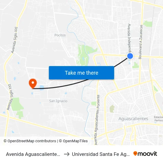 Avenida Aguascalientes Norte, 612 to Universidad Santa Fe Aguascalientes map