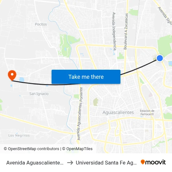 Avenida Aguascalientes Oriente Lb to Universidad Santa Fe Aguascalientes map