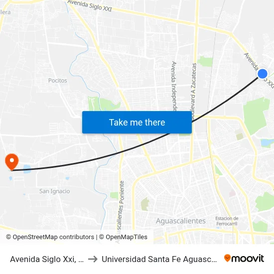 Avenida Siglo Xxi, 2100 to Universidad Santa Fe Aguascalientes map