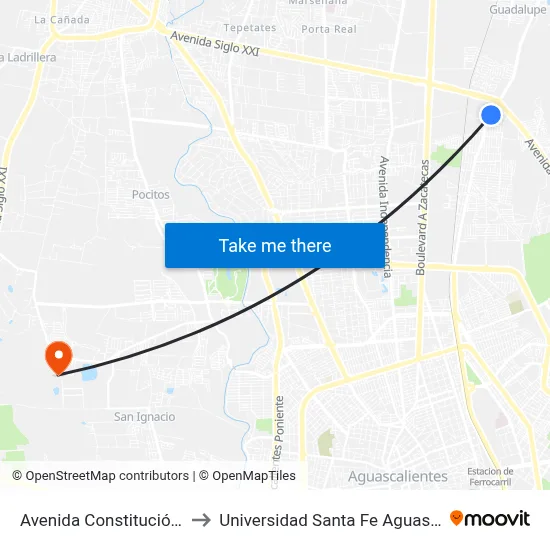 Avenida Constitución, 1503 to Universidad Santa Fe Aguascalientes map