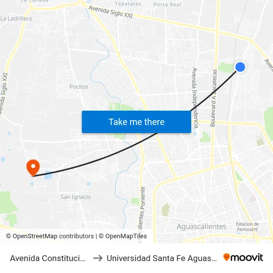 Avenida Constitución, 500 to Universidad Santa Fe Aguascalientes map
