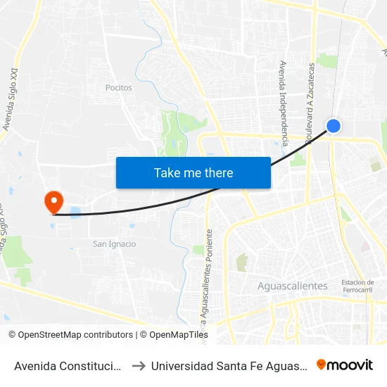 Avenida Constitución, 308 to Universidad Santa Fe Aguascalientes map