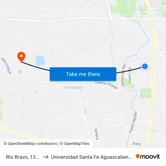 Río Bravo, 1301 to Universidad Santa Fe Aguascalientes map