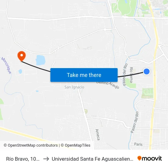 Río Bravo, 1005 to Universidad Santa Fe Aguascalientes map