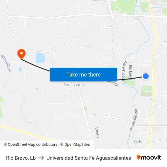 Río Bravo, Lb to Universidad Santa Fe Aguascalientes map