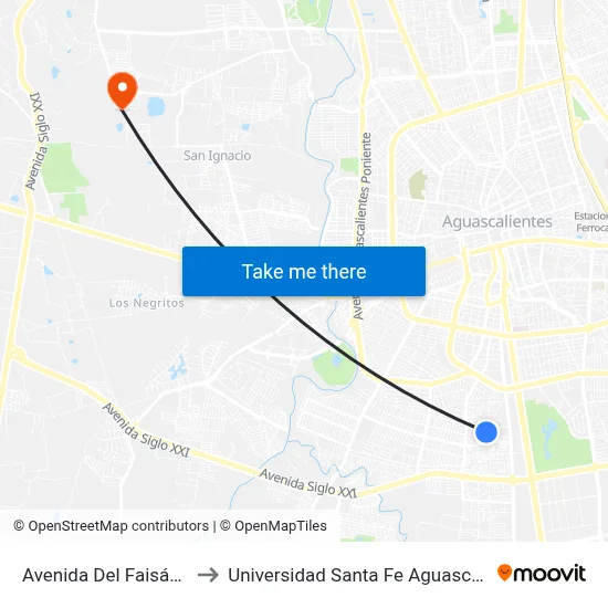 Avenida Del Faisán, 388 to Universidad Santa Fe Aguascalientes map