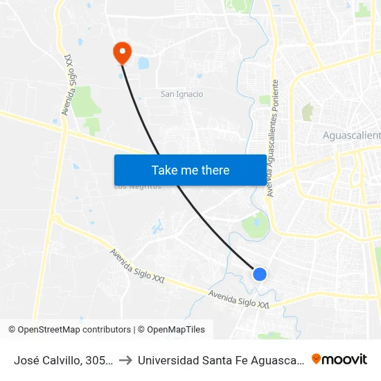 José Calvillo, 305-307 to Universidad Santa Fe Aguascalientes map