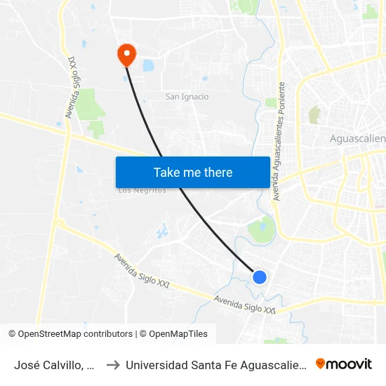 José Calvillo, 605 to Universidad Santa Fe Aguascalientes map
