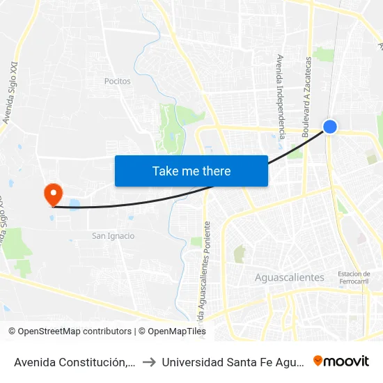 Avenida Constitución, 120(124) to Universidad Santa Fe Aguascalientes map