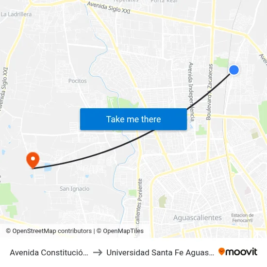 Avenida Constitución, 1029 to Universidad Santa Fe Aguascalientes map
