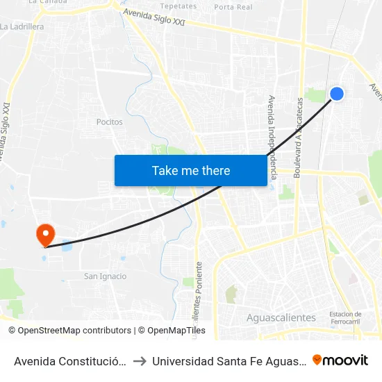 Avenida Constitución, 1403 to Universidad Santa Fe Aguascalientes map
