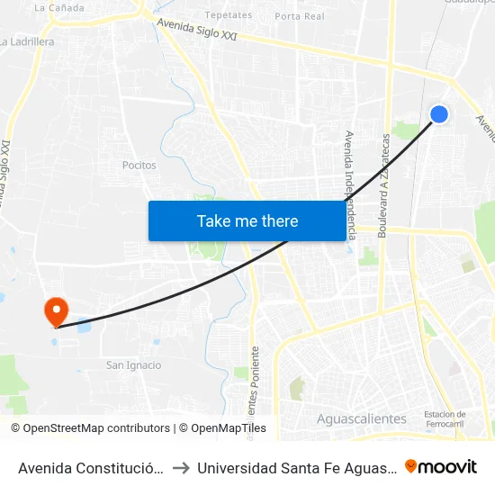Avenida Constitución, 1318 to Universidad Santa Fe Aguascalientes map