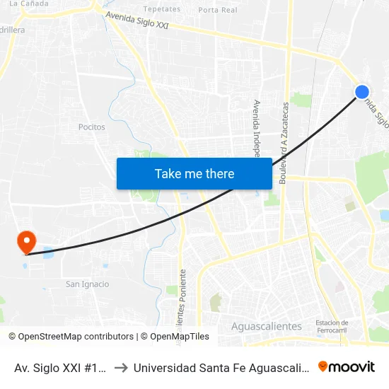 Av. Siglo XXI #1526 to Universidad Santa Fe Aguascalientes map