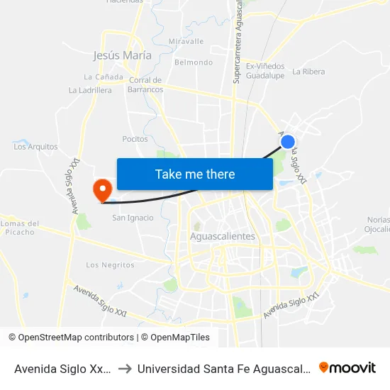 Avenida Siglo Xxi, 16 to Universidad Santa Fe Aguascalientes map