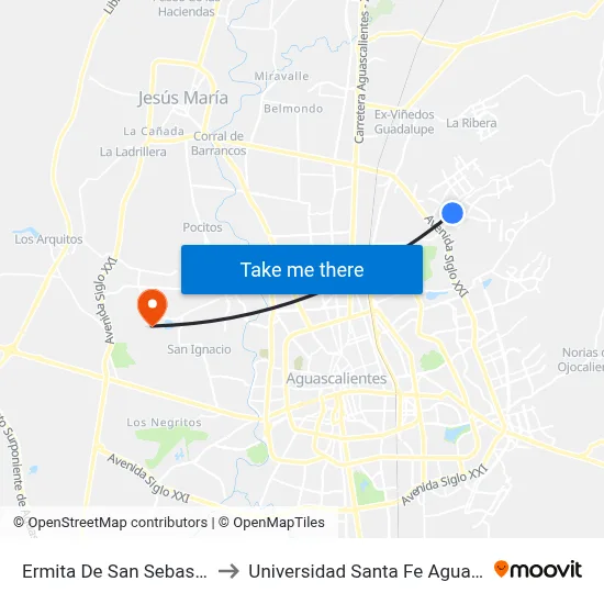 Ermita De San Sebastián, 904 to Universidad Santa Fe Aguascalientes map