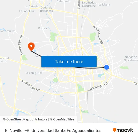El Novillo to Universidad Santa Fe Aguascalientes map