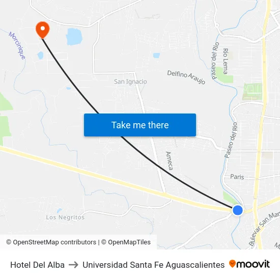 Hotel Del Alba to Universidad Santa Fe Aguascalientes map