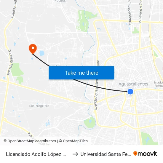 Licenciado Adolfo López Mateos Poniente, 216 to Universidad Santa Fe Aguascalientes map