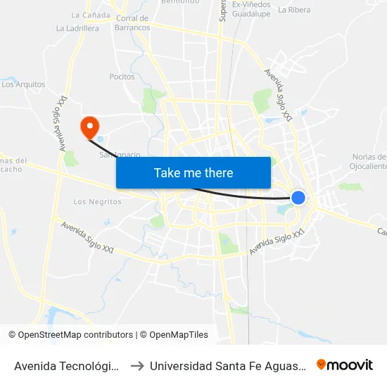 Avenida Tecnológico, 204 to Universidad Santa Fe Aguascalientes map