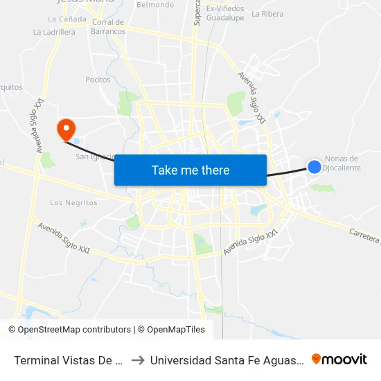 Terminal Vistas De Oriente to Universidad Santa Fe Aguascalientes map