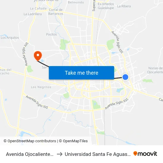 Avenida Ojocaliente, 1002b to Universidad Santa Fe Aguascalientes map