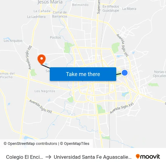 Colegio El Encino to Universidad Santa Fe Aguascalientes map