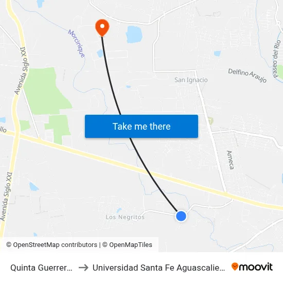 Quinta Guerrero 2 to Universidad Santa Fe Aguascalientes map