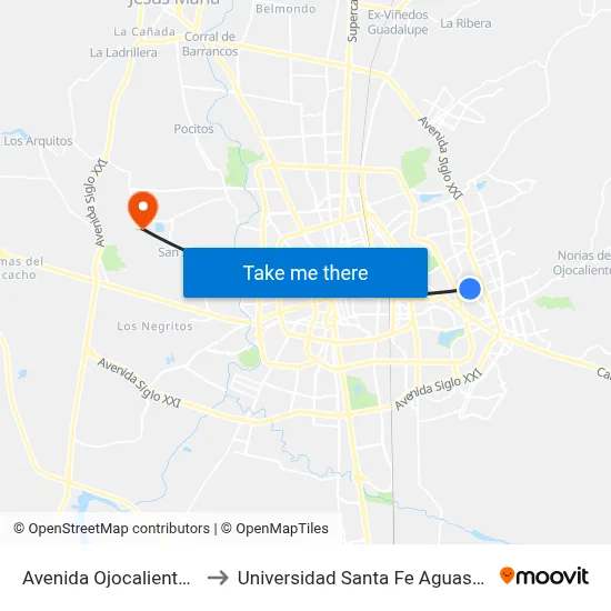 Avenida Ojocaliente, 973c to Universidad Santa Fe Aguascalientes map