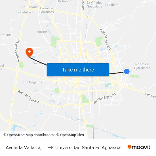 Avenida Vallarta, 302 to Universidad Santa Fe Aguascalientes map
