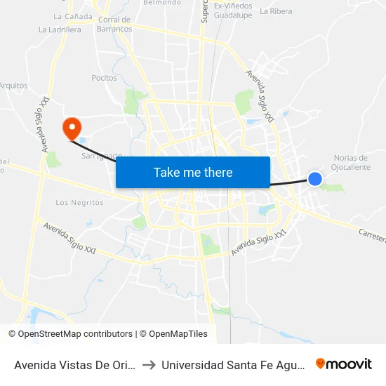 Avenida Vistas De Oriente, 502 to Universidad Santa Fe Aguascalientes map