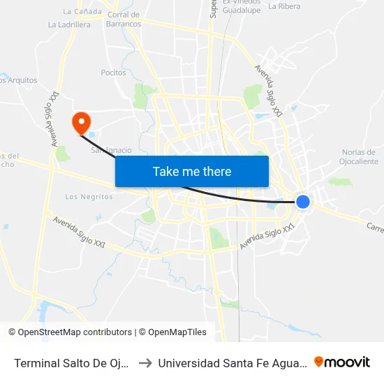 Terminal Salto De Ojocaliente to Universidad Santa Fe Aguascalientes map