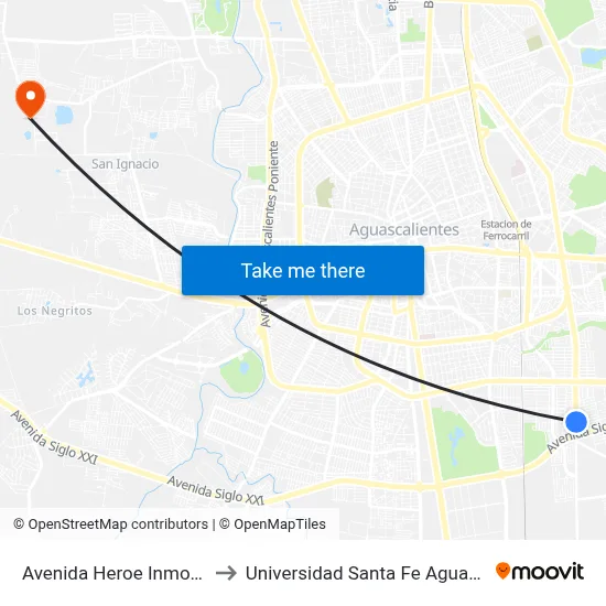 Avenida Heroe Inmortal, 702 to Universidad Santa Fe Aguascalientes map