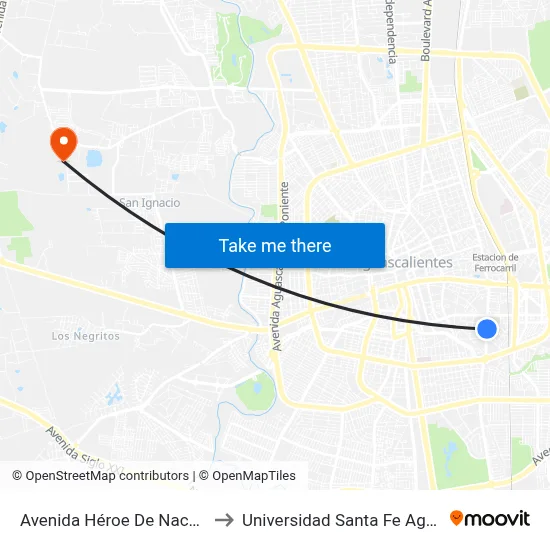 Avenida Héroe De Nacozari, 1103b to Universidad Santa Fe Aguascalientes map