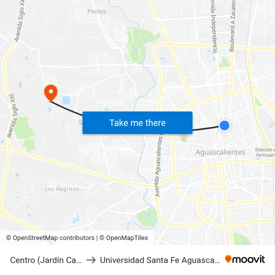 Centro (Jardín Carpio) to Universidad Santa Fe Aguascalientes map
