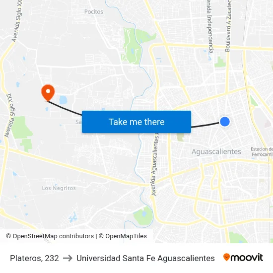 Plateros, 232 to Universidad Santa Fe Aguascalientes map