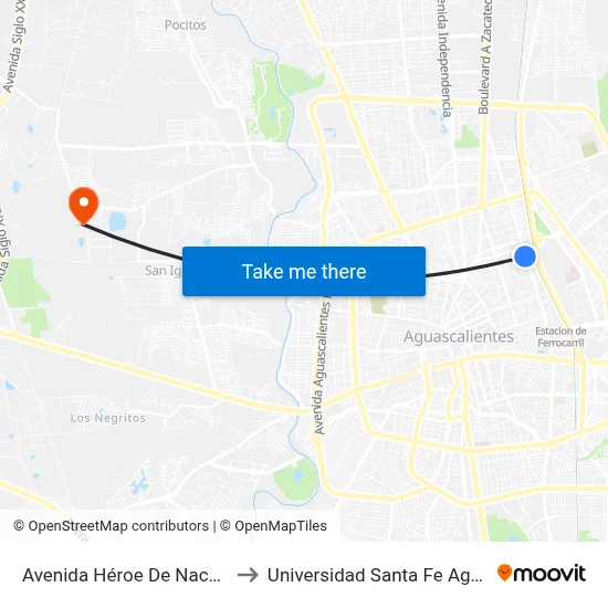 Avenida Héroe De Nacozari, 1116a to Universidad Santa Fe Aguascalientes map
