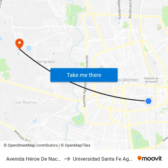 Avenida Héroe De Nacozari, 1115 to Universidad Santa Fe Aguascalientes map