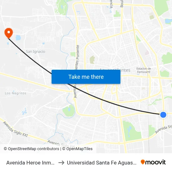 Avenida Heroe Inmortal, 1 to Universidad Santa Fe Aguascalientes map