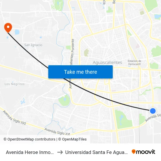 Avenida Heroe Inmortal, 403 to Universidad Santa Fe Aguascalientes map