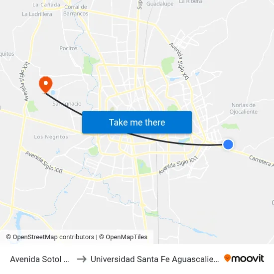 Avenida Sotol 184 to Universidad Santa Fe Aguascalientes map