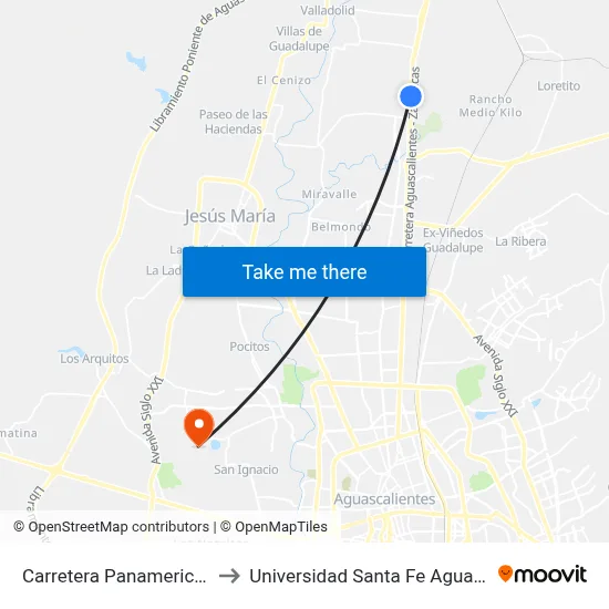 Carretera Panamericana, 113 to Universidad Santa Fe Aguascalientes map