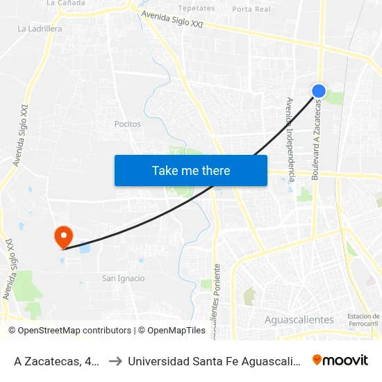 A Zacatecas, 4420 to Universidad Santa Fe Aguascalientes map