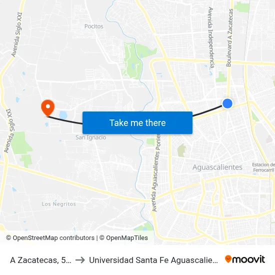 A Zacatecas, 535 to Universidad Santa Fe Aguascalientes map