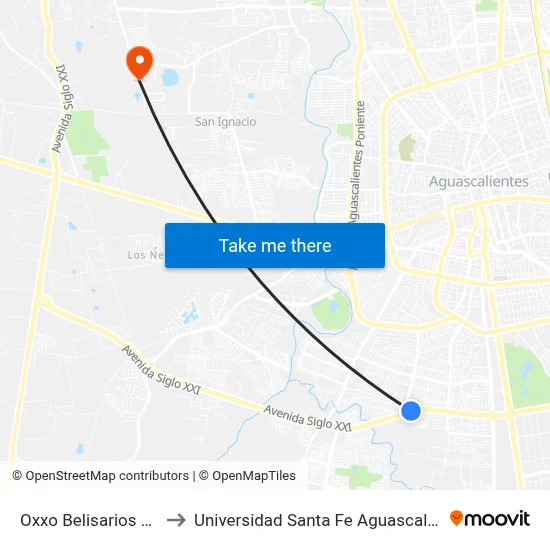 Oxxo Belisarios Dom to Universidad Santa Fe Aguascalientes map