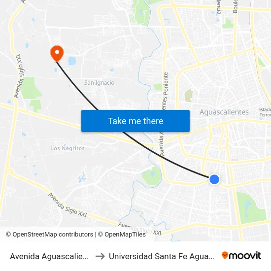 Avenida Aguascalientes Sur to Universidad Santa Fe Aguascalientes map
