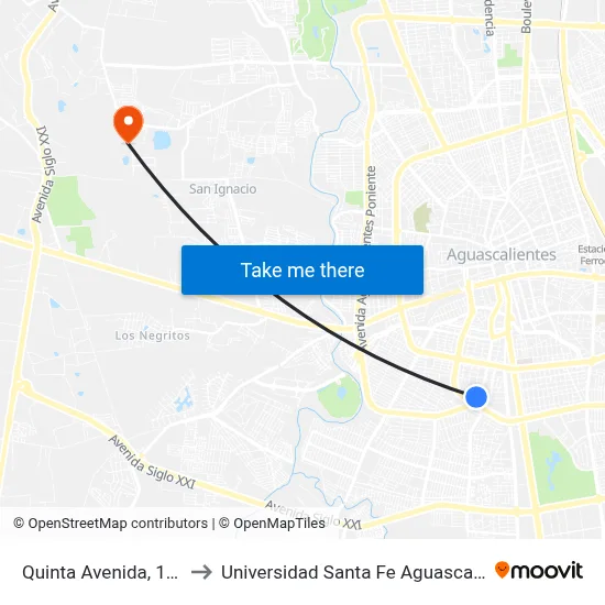 Quinta Avenida, 1001d to Universidad Santa Fe Aguascalientes map