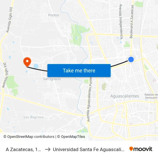 A Zacatecas, 1711 to Universidad Santa Fe Aguascalientes map